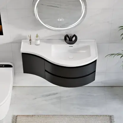 Picture of 90 cm Floating Curved Bathroom Vanity in Black Right Offset Single Sink Bathroom Cabinet