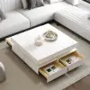 White Modern Square Coffee Table with Drawers Sintered Stone Top & Metal Legs