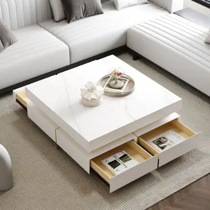 Picture of White Modern Square Coffee Table with Drawers Sintered Stone Top & Metal Legs