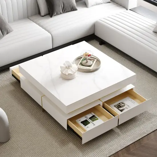 White Modern Square Coffee Table with Drawers Sintered Stone Top & Metal Legs