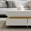 White Modern Square Coffee Table with Drawers Sintered Stone Top & Metal Legs