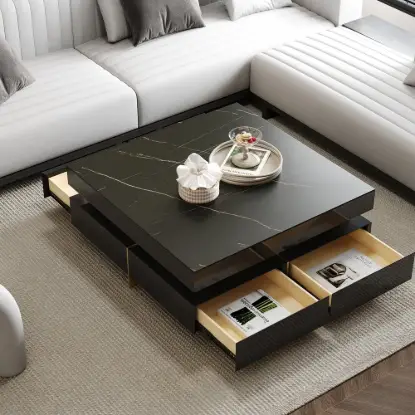 Picture of Black Modern Square Coffee Table with Drawers Sintered Stone Top & Metal Legs