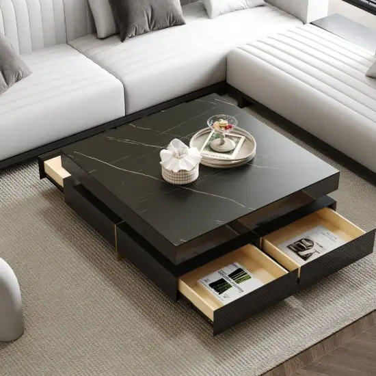 Black Modern Square Coffee Table with Drawers Sintered Stone Top & Metal Legs