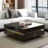 Black Modern Square Coffee Table with Drawers Sintered Stone Top & Metal Legs