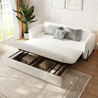 Picture of 200 cm 3-Seater Warm White Boucle Convertible Sleeper Sofa with Storage & Pillows