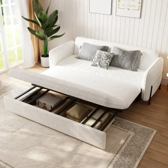 200 cm 3-Seater Warm White Boucle Convertible Sleeper Sofa with Storage & Pillows