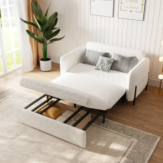 Picture of 135 cm 1-Seater Warm White Boucle Convertible Sleeper Sofa with Storage & Pillows – AUD-H2095