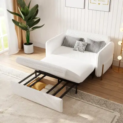 135 cm 1-Seater White Corduroy Convertible Sleeper Sofa with Storage & Pillows – AUD-H2096