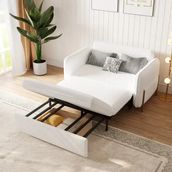 135 cm 1-Seater White Corduroy Convertible Sleeper Sofa with Storage & Pillows – AUD-H2096