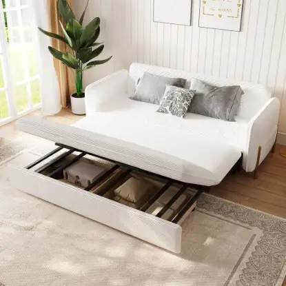 Picture of 200 cm 3-Seater White Corduroy Convertible Sleeper Sofa with Storage & Pillows – AUD-H2097