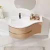 35" Floating Single Curved Bathroom Vanity with Sink & Storage – Natural Left Offset