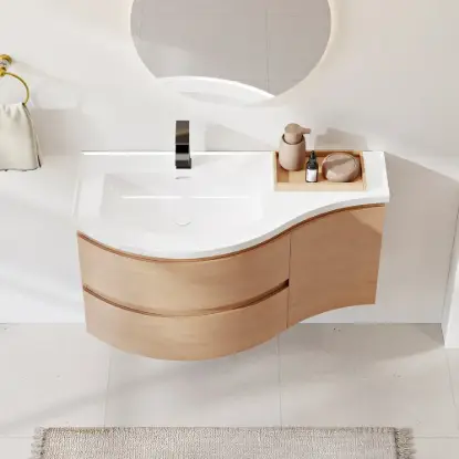 35" Floating Single Curved Bathroom Vanity with Sink & Storage – Natural Left Offset
