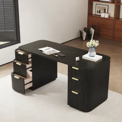 Modern 162 cm Rounded Edge Black Sintered Stone Desk with Dual Storage