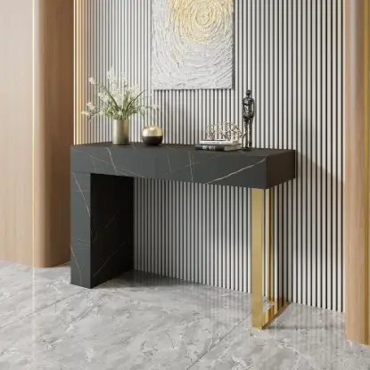 Modern 47" Marble Effect Console Table with 2 Drawers & Golden Leg – Black