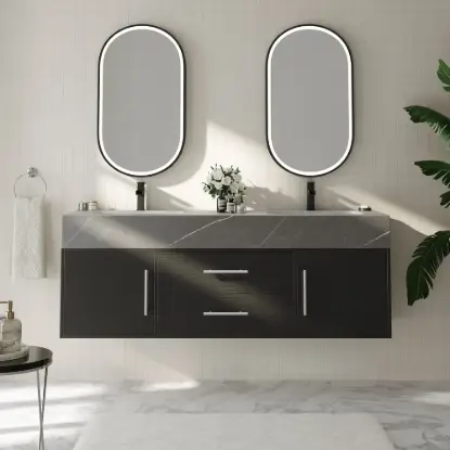 Modern 59" Black Floating Double Bathroom Vanity with Sintered Stone Top and Sink – Silver Handles Design