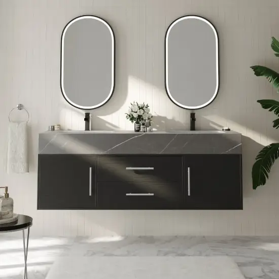 Modern 59" Black Floating Double Bathroom Vanity with Sintered Stone Top and Sink – Silver Handles Design