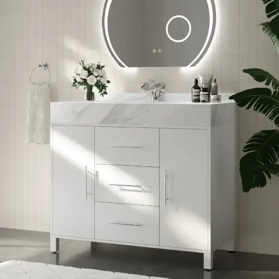1000mm Freestanding White Bathroom Vanity, Sintered Stone Countertop & Silver Handles