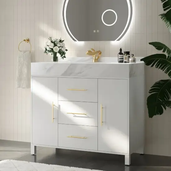 Picture of 1000mm Freestanding White Bathroom Vanity, Sintered Stone Countertop & Gold Handles