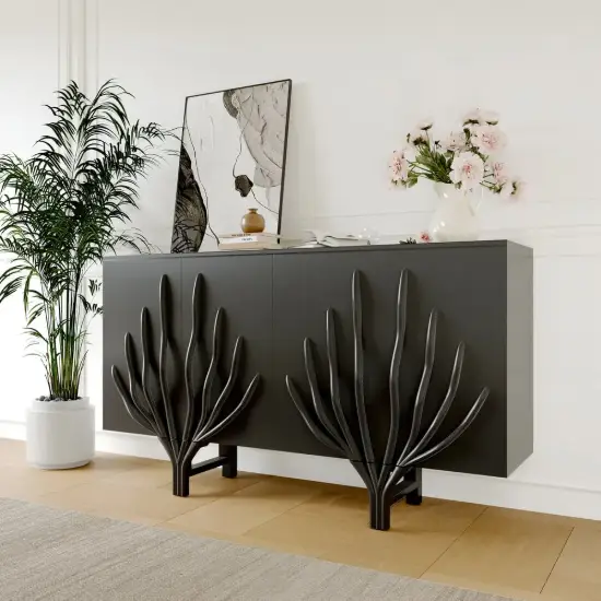 Mid Century Modern 160 cm Black Sideboard with Branch Design & 2 Doors