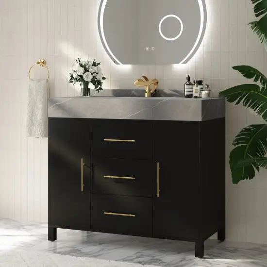 1000mm Freestanding Black Bathroom Vanity, Sintered Stone Countertop & Gold Handles