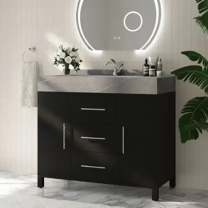 1000mm Freestanding Black Bathroom Vanity, Sintered Stone Countertop & Silver Handles