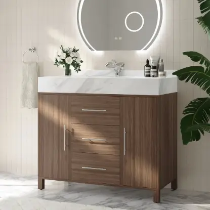 1000mm Walnut Freestanding Bathroom Vanity Sintered Stone Top & Silver Handles