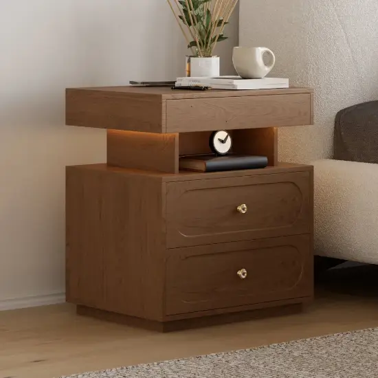 Krila Floating 3-Drawer LED Smart Bedside Table with Light – Rectangle – Nightstand – AUD-H2115