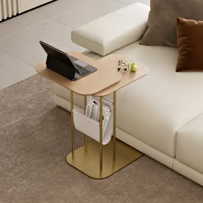 Picture of Modern 50 cm C-Shaped Natural & Gold Rotating End Table with Magazine Rack