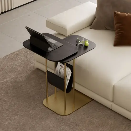 Modern 50 cm C-Shaped Black & Gold Rotating End Table with Magazine Rack