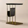Modern 50 cm C-Shaped Black & Gold Rotating End Table with Magazine Rack