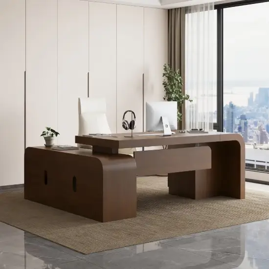 Chicent Walnut L-shaped Modern Executive Desk with Ample Storage Right Hand (1800mm)
