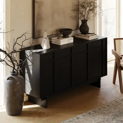 Mid Century Modern 60" Black Wood Sideboard with Storage & Adjustable Shelves