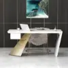 Modern 140 cm Rectangular White Rubberwood Desk with Drawer & Gold Base