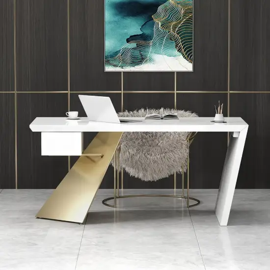 Modern 140 cm Rectangular White Rubberwood Desk with Drawer & Gold Base