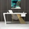 Modern 140 cm Rectangular White Rubberwood Desk with Drawer & Gold Base