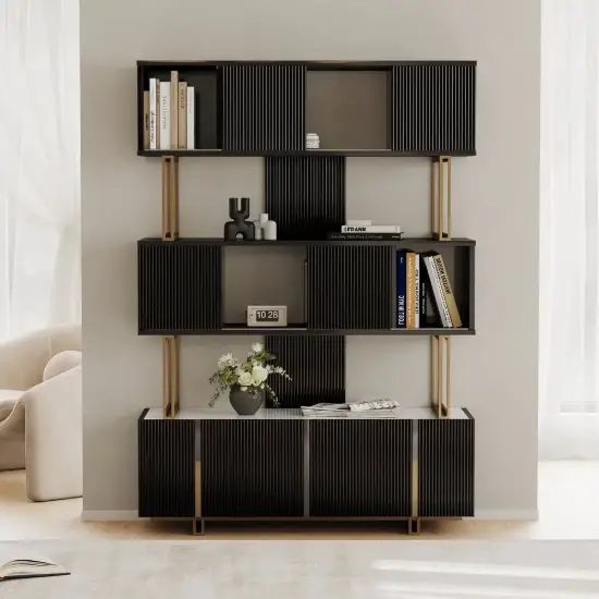 Picture of Glossy Black Sliding Door Etagere Bookshelf 5-Shelf Tall Book Shelf Rich Storage-170 cm