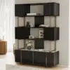 Picture of Glossy Black Sliding Door Etagere Bookshelf 5-Shelf Tall Book Shelf Rich Storage-170 cm