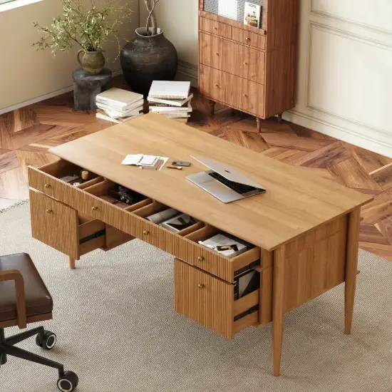 Mid Century Modern 163 cm Rectangular Natural Wood Desk with 6 Drawers