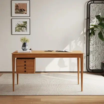 Mid-Century Modern 140 cm Rectangular Natural Ash Wood Desk with 3 Drawers
