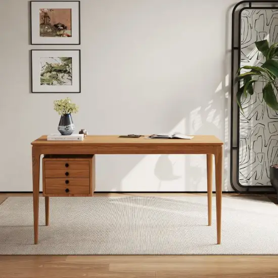 Mid-Century Modern 140 cm Rectangular Natural Ash Wood Desk with 3 Drawers