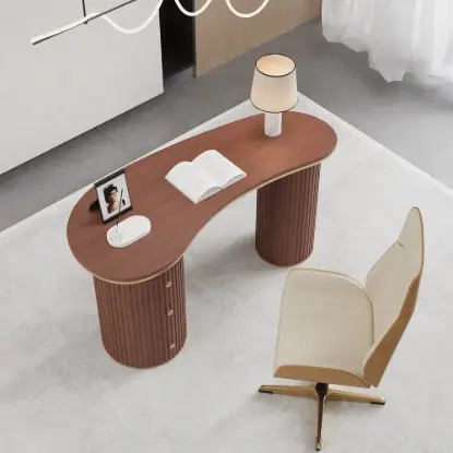 Modern 110 cm Curved Walnut Wood Desk with 3 Drawers & Fluted Double Pedestal Base