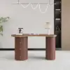 Modern 110 cm Curved Walnut Wood Desk with 3 Drawers & Fluted Double Pedestal Base