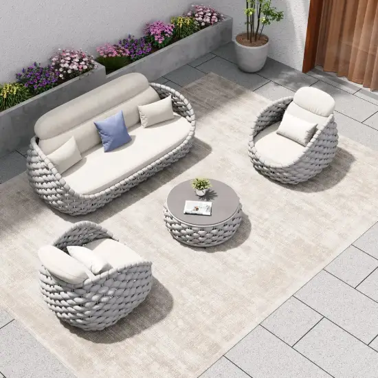 Cocaro 4-Piece Outdoor Rope Weave Swivel Sofa Set with Coffee Table in Grey & White