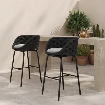 2 Pieces Outdoor Chair Patio Woven Rope & Aluminium 960 mm Bar Stools Set with Backs – AUD-H2171