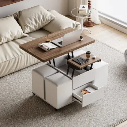 100 cm Lift-Top Foldable Walnut & White Coffee Table with 4 Stools & Storage