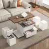 100 cm Lift-Top Foldable Walnut & White Coffee Table with 4 Stools & Storage