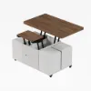 100 cm Lift-Top Foldable Walnut & White Coffee Table with 4 Stools & Storage