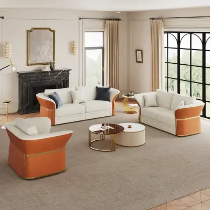 Picture of Modern Faux Leather Living Room Sofa Set in White & Orange Set of 3