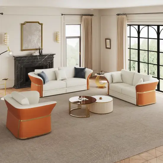 Modern Faux Leather Living Room Sofa Set in White & Orange Set of 3