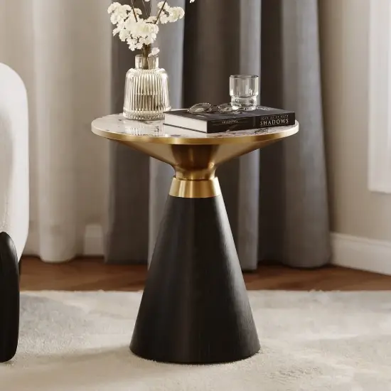 Modern 56 cm Black Pedestal End Table with Sintered Stone Top